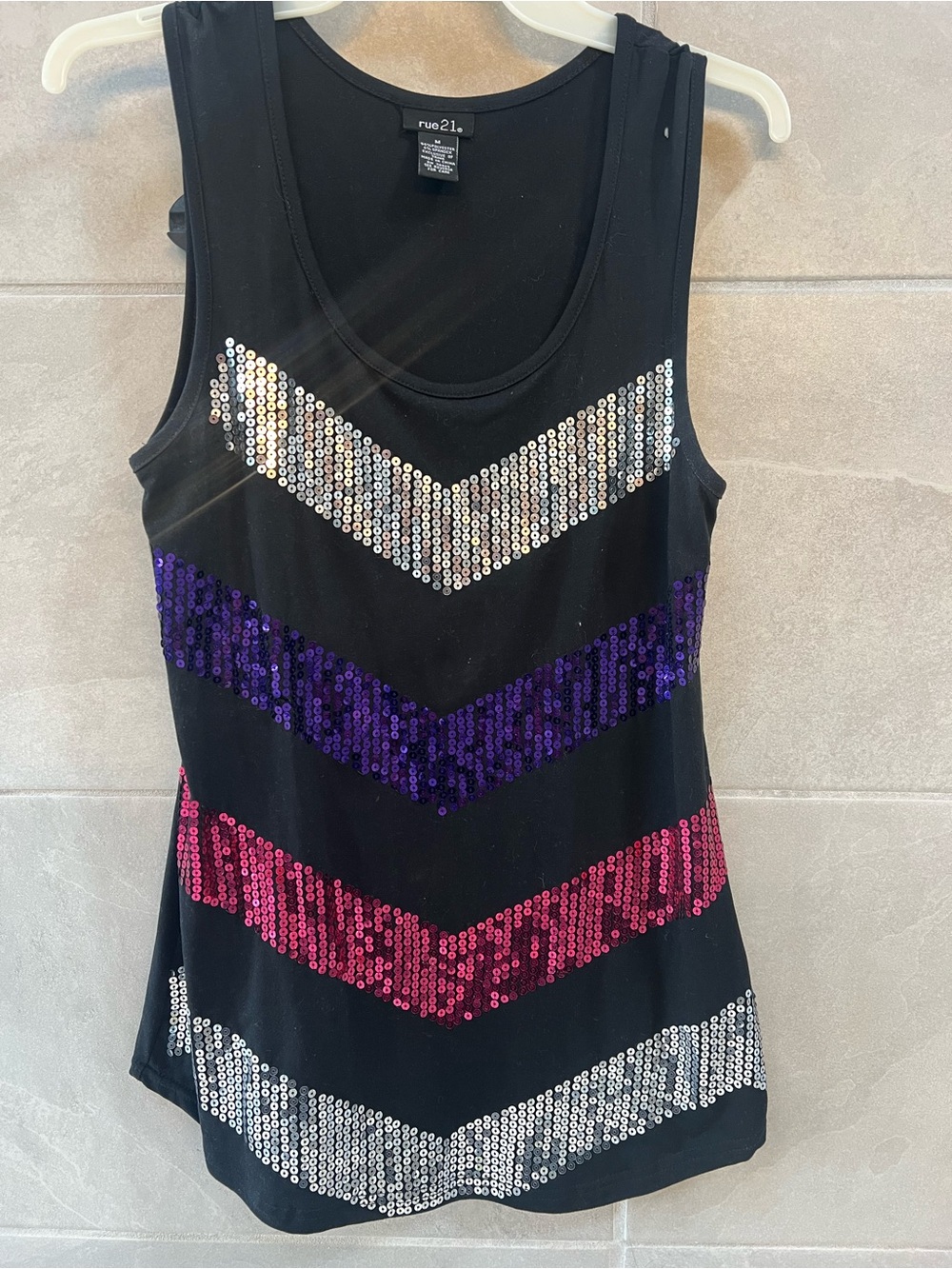 Rue21 Black Tank Top with Silver, Purple & Pink Sequin Chevrons